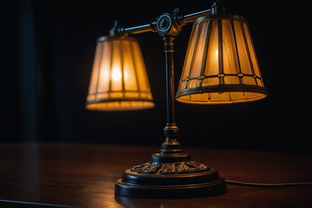 Vintage lamp on a wooden table in the dark. Selective focus.の素材