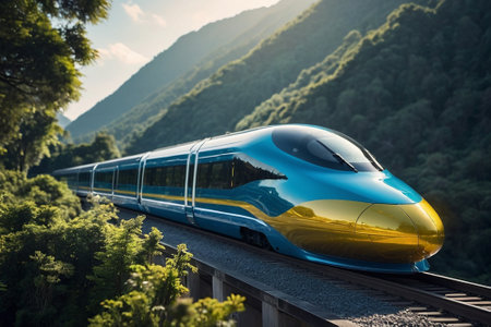 High-speed train in the mountains. Blue and yellow high-speed train.の素材