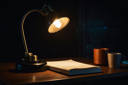 Table lamp, book and cup of coffee on wooden table in dark roomの素材