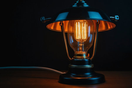 Vintage lamp on wooden table and black background with copy space.の素材