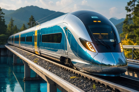 High speed train in the mountains. High speed train on the railwayの素材