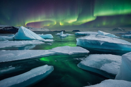 Aurora borealis, Icebergs, Jokulsarlon, Icelandの素材