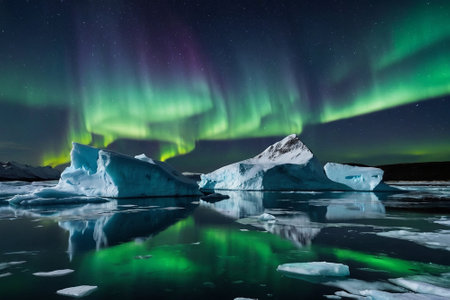 Aurora borealis over icebergs in Jokulsarlon, Icelandの素材