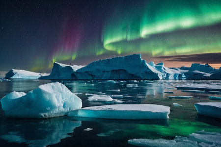 Aurora borealis over icebergs, Jokulsarlon, Icelandの素材