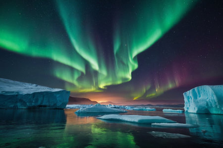 Aurora borealis over icebergs, Jokulsarlon, Icelandの素材