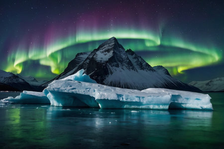 Arctic aurora borealis over icebergs in Jokulsarlon, Icelandの素材