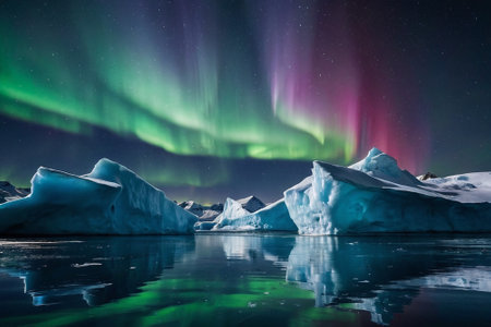 Aurora borealis over icebergs, Jokulsarlon, Icelandの素材