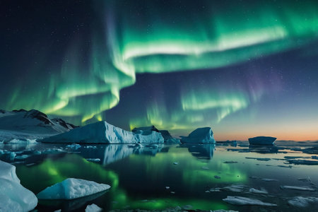 Aurora borealis, northern lights over icebergs, Jokulsarlon, Icelandの素材