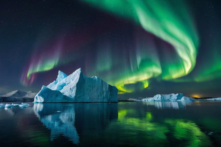 Aurora borealis, northern lights, Aurora borealis, on the background of icebergs and starry skyの素材