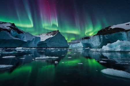 Aurora borealis over icebergs, Jokulsarlon, Icelandの素材