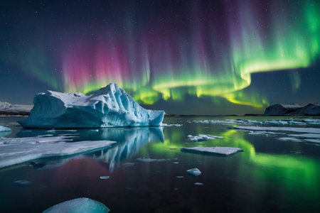 Aurora borealis over the icebergs in Jokulsarlon, Icelandの素材