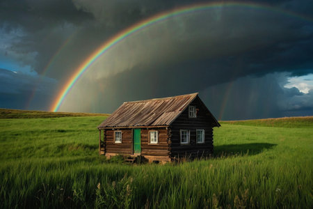 Rainbow over old wooden house in green meadow, Iceland.の素材