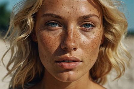 Portrait of a beautiful woman with freckles on her faceの素材