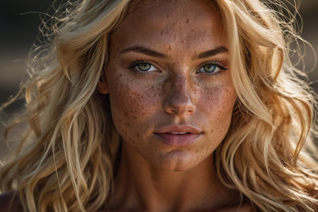 Close up portrait of a beautiful blond woman with freckles on her faceの素材