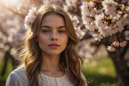 Portrait of a beautiful young woman in a blooming garden.の素材