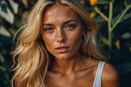 Beautiful blonde girl with freckles on her face, close-up portraitの素材