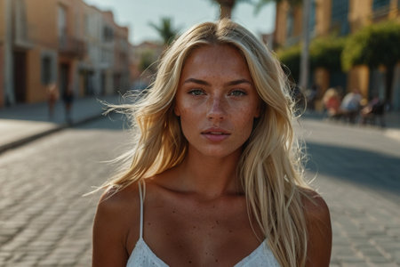 A gorgeous blonde model poses outdoors in an urban environment while enjoying the summer weatherの素材