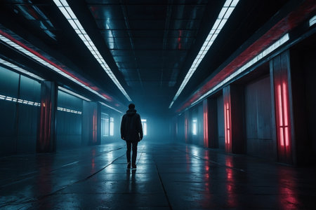 Silhouette of a man in a dark corridor with neon lightsの素材