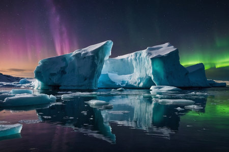 Arctic aurora borealis over icebergs in Jokulsarlon, Icelandの素材