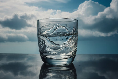 Glass of water on the table with blue sky and clouds background.の素材