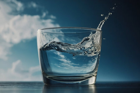 Glass of water with blue sky and clouds background. Copy space.の素材