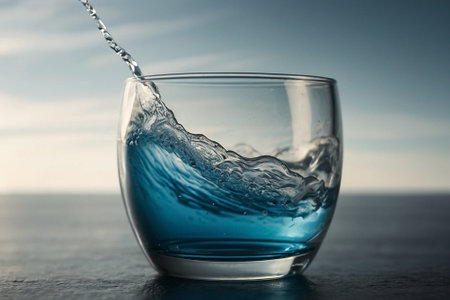 Pouring water into glass on blue sky background with copy space.の素材