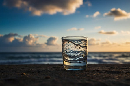 Glass of water on the beach at sunset. Selective focus.の素材