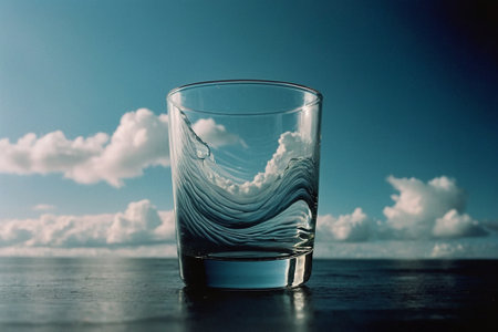 Glass of water with reflection on the sea and blue sky background.の素材