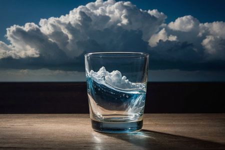Glass of water on the wooden table with dramatic sky and clouds backgroundの素材