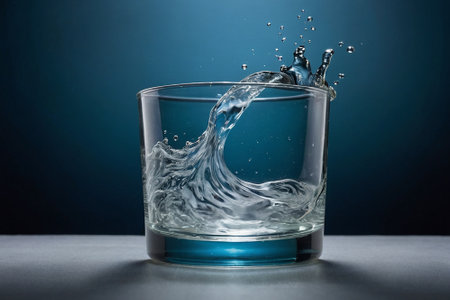 Water splashing out of a glass on a dark blue background.の素材