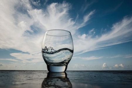 Glass of water with blue sky and cloud background, drinking water conceptの素材