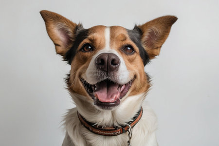 Cute mixed breed dog with funny expression in a studio portrait.の素材