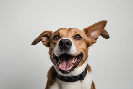 Cute mixed breed dog on a white background. Happy pet.の素材
