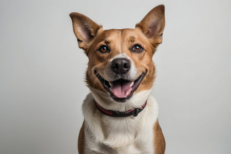 Portrait of a cute mixed breed dog on a white background.の素材