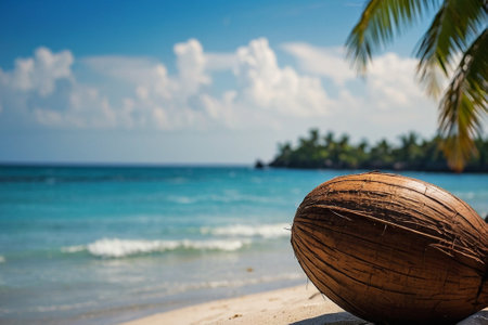 Coconut on a tropical beach with turquoise water.の素材