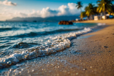 Beautiful tropical beach with palm trees and blue sky at sunset timeの素材