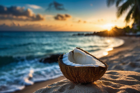 Coconut on the beach at sunset. Beautiful tropical background.の素材
