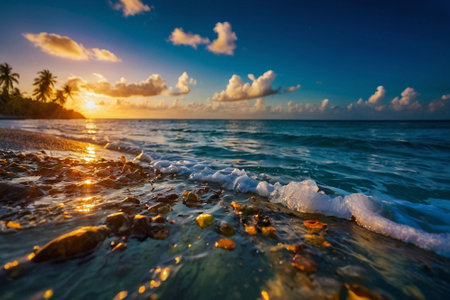 Tropical sunset on the beach with palm trees and stones.の素材
