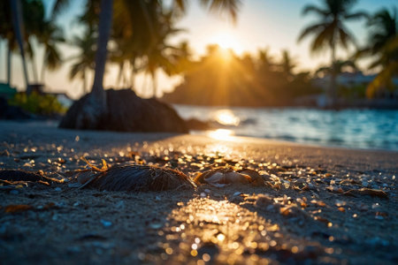 Sunset on a tropical beach with palm trees and coconut palm treesの素材