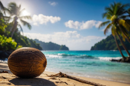 Coconut on the beach at Seychelles, Maheの素材