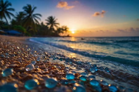 Beautiful sunset on the beach with sea pebbles and palm treesの素材
