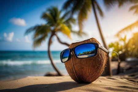 Coconut with sunglasses on the beach at sunset. Vacation conceptの素材