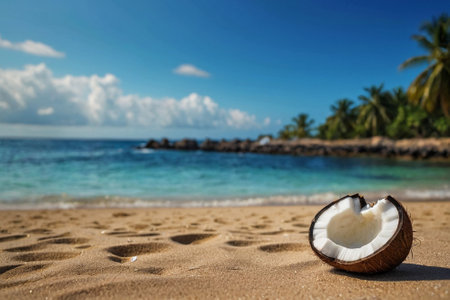 Coconut on the beach with palm trees in the background.の素材