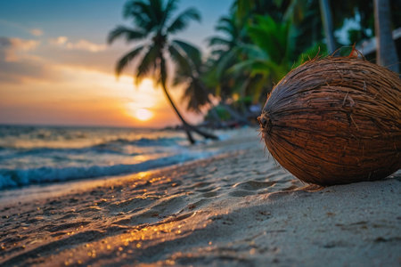 Coconut on the beach at sunset. Beautiful nature background.の素材