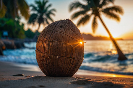 Coconut on the beach at sunset. Beautiful nature background.の素材