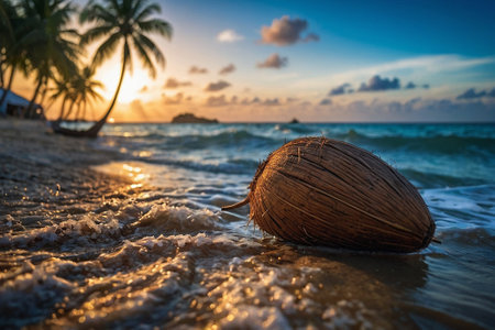 Coconut on the beach at sunset. Beautiful tropical background.の素材