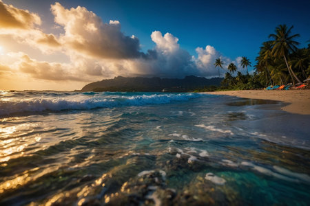 Tropical beach at sunset, Seychelles, Maheの素材