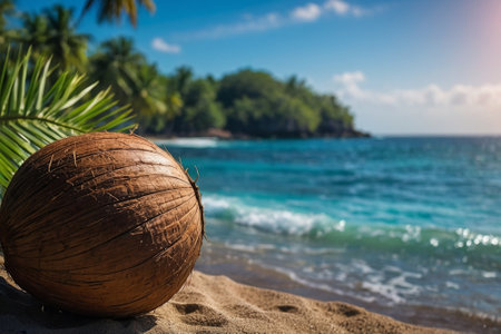 Coconut on the sand with turquoise sea in backgroundの素材