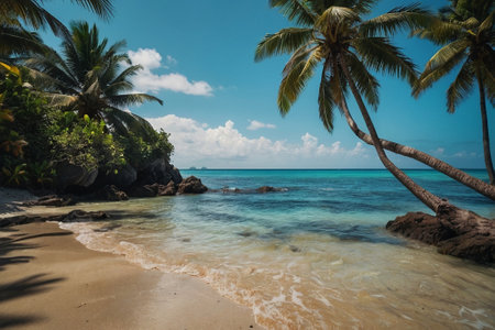 Tropical beach with coconut palm trees at Seychellesの素材