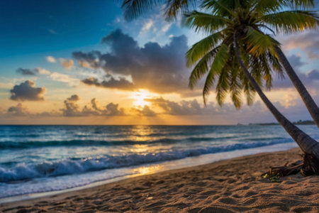 Tropical beach with palm tree at sunset, Seychellesの素材